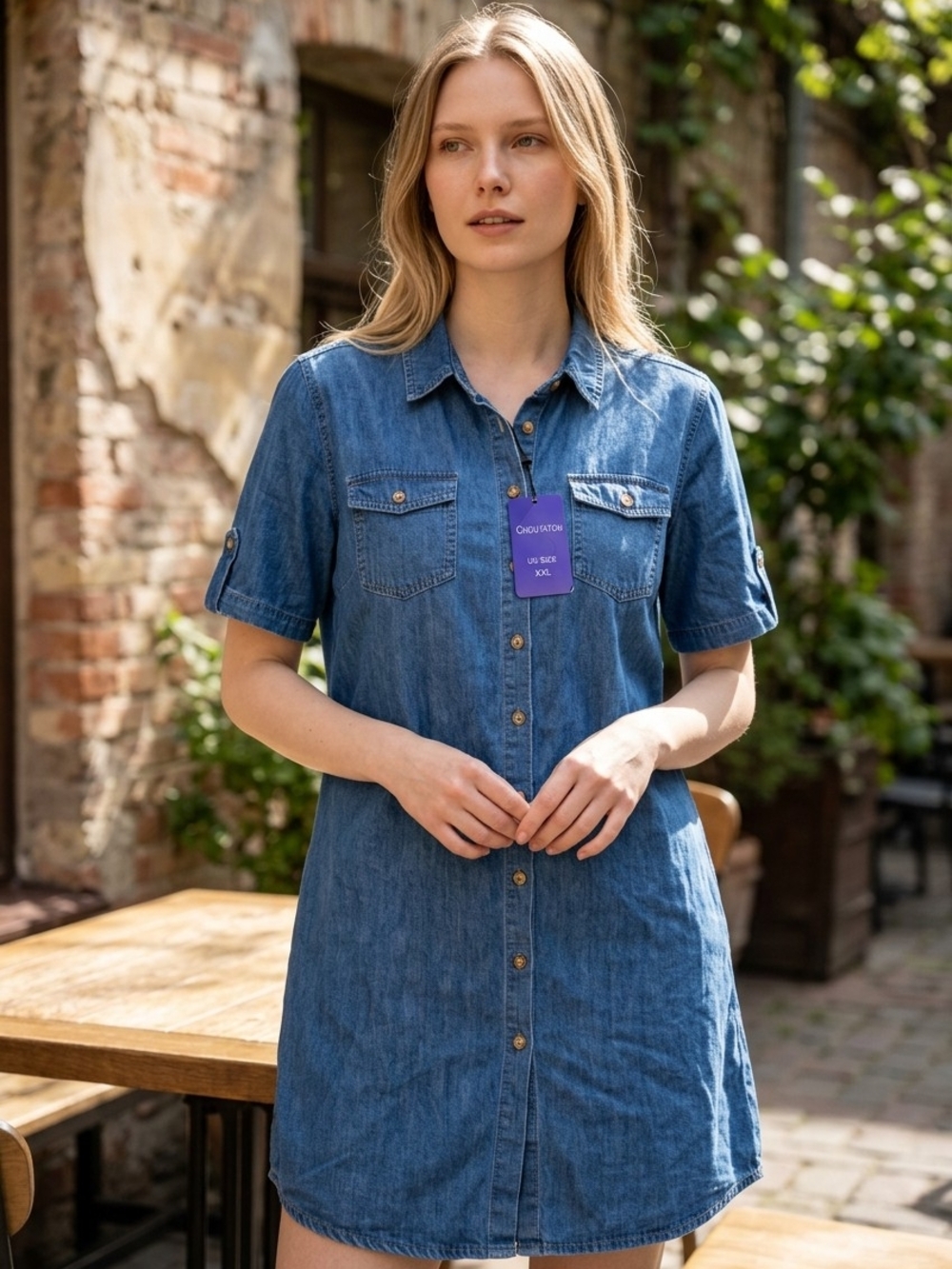 Denim Button-Front Mini Shirt Dress - Blue